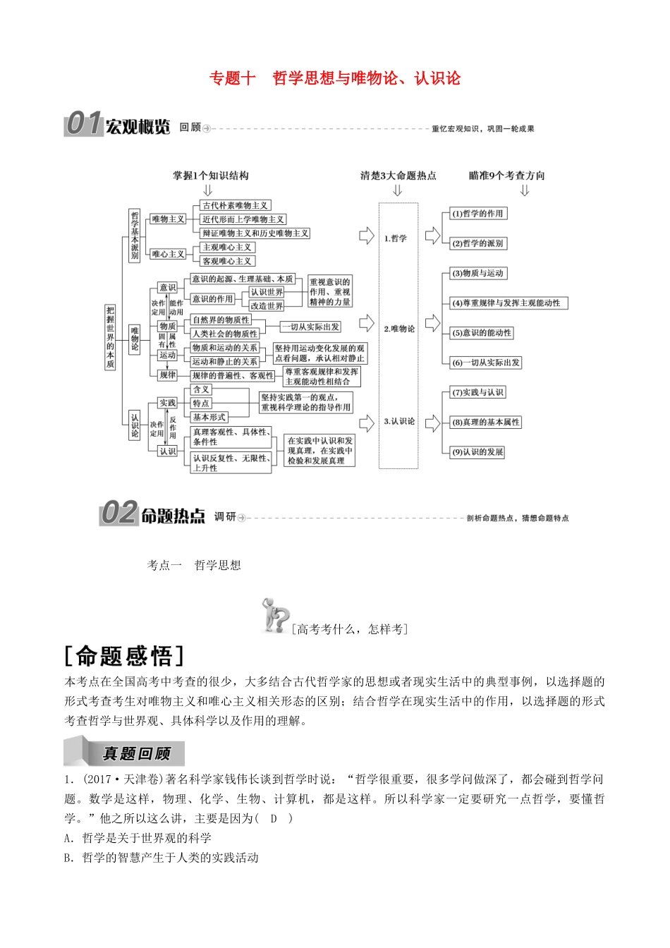 高三政治二轮复习 专题十 哲学思想与唯物论、认识论讲义-人教版高三全册政治教案_第1页