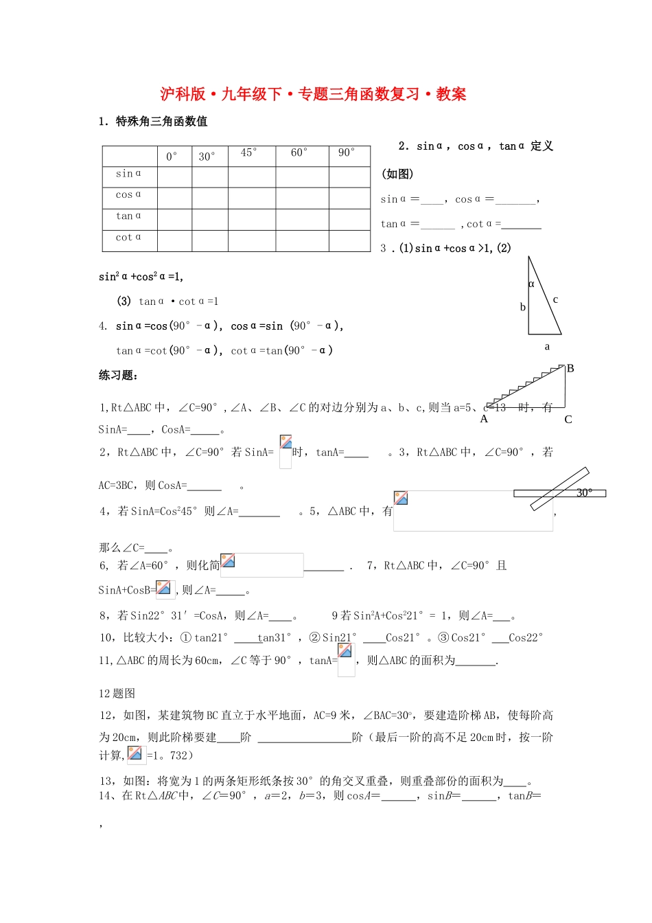 九年级数学下册专题三角函数复习教案沪科版_第1页