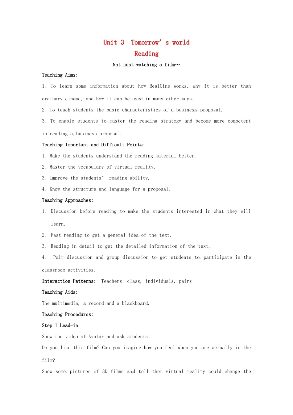 高中英语 Unit 3 Tomorrow’s World Reading教案 牛津译林版必修4-牛津版高一必修4英语教案_第1页