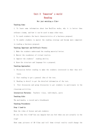 高中英语 Unit 3 Tomorrow’s World Reading教案 牛津译林版必修4-牛津版高一必修4英语教案