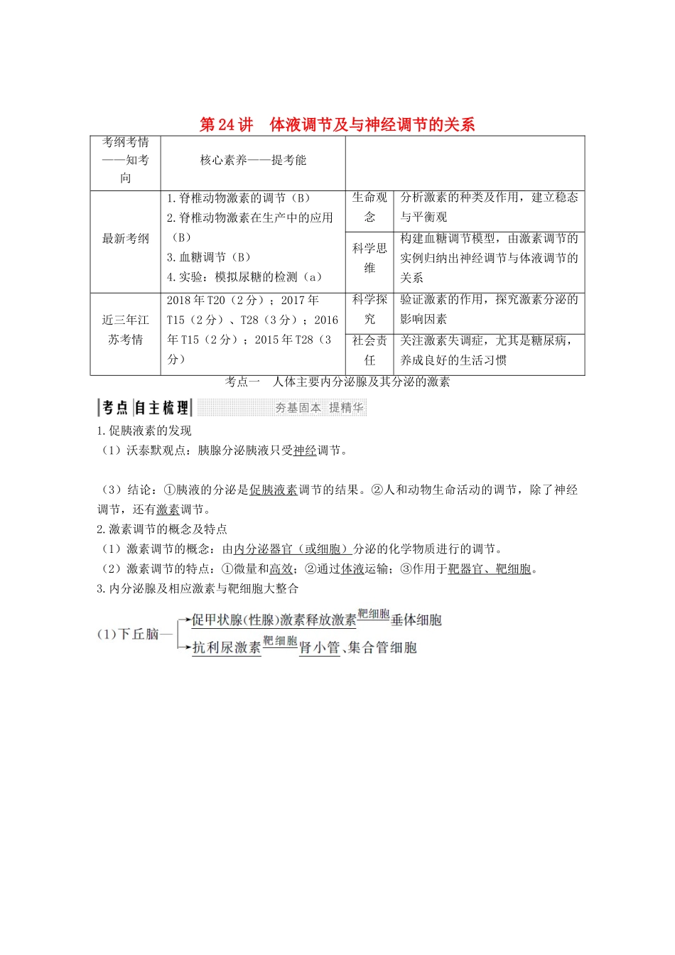 （江苏专用）高考生物总复习 第八单元 第24讲 体液调节及与神经调节的关系教案（必修3）-人教版高三必修3生物教案_第1页