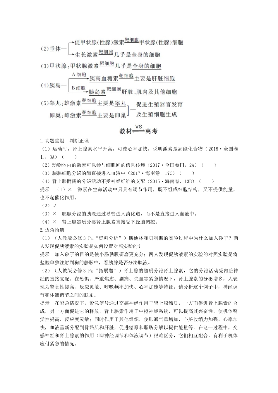 （江苏专用）高考生物总复习 第八单元 第24讲 体液调节及与神经调节的关系教案（必修3）-人教版高三必修3生物教案_第2页