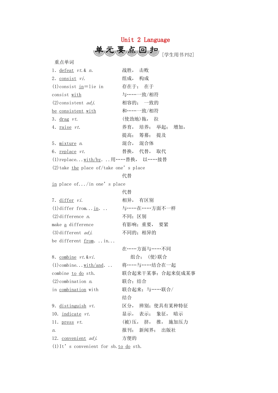 高中英语 Unit 2 Language 单元要点回扣教案 牛津译林版必修3-牛津版高一必修3英语教案_第1页