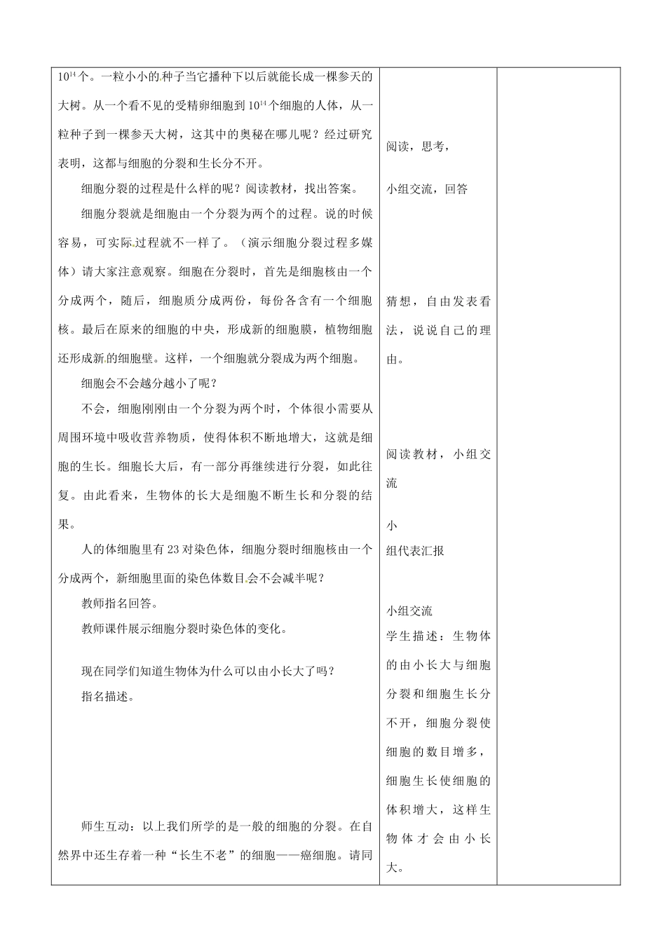 山东省郯城县第三初级中学七年级生物上册《细胞通过分裂产生新细胞》教案 新人教版_第2页