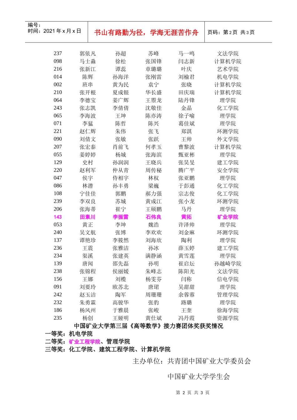 中国矿业大学第四届《高等数学》接力赛参赛队获奖情况_第2页