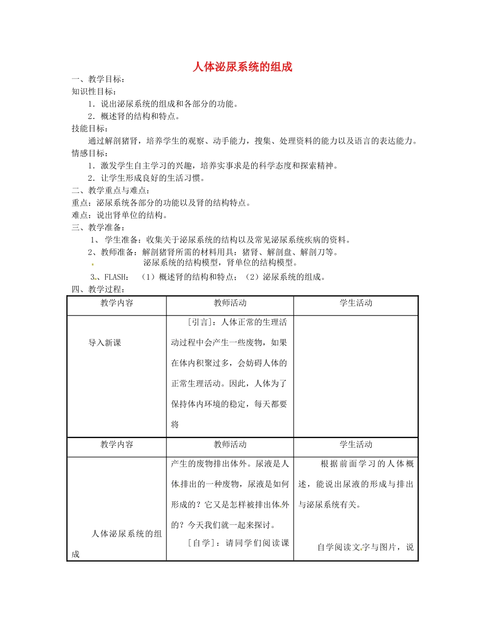七年级生物下册《11.1 人体泌尿系统的组成》教案1 苏教版_第1页