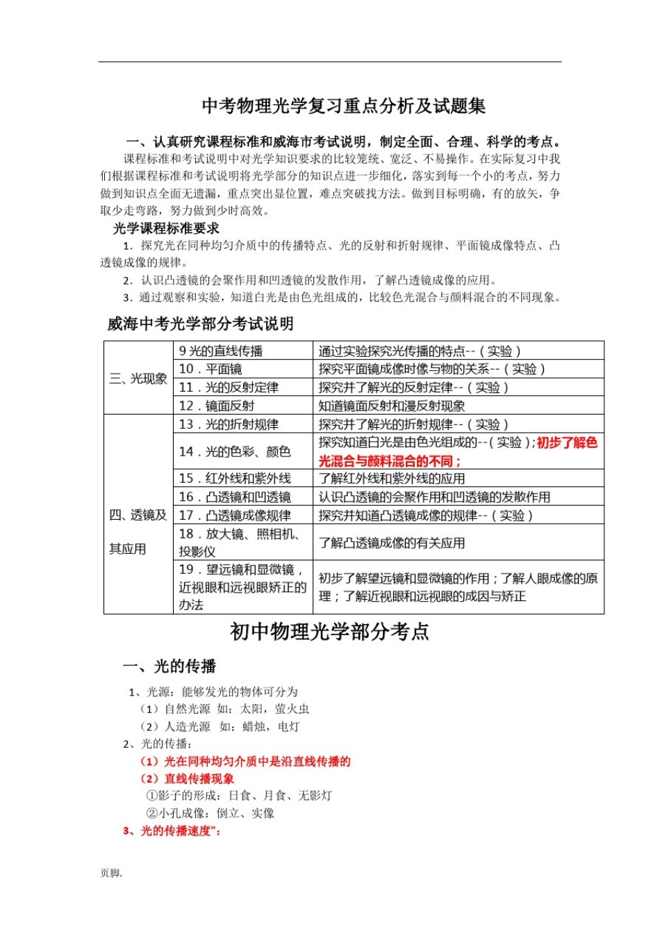 中考物理光学复习重点分析及试题集_第1页