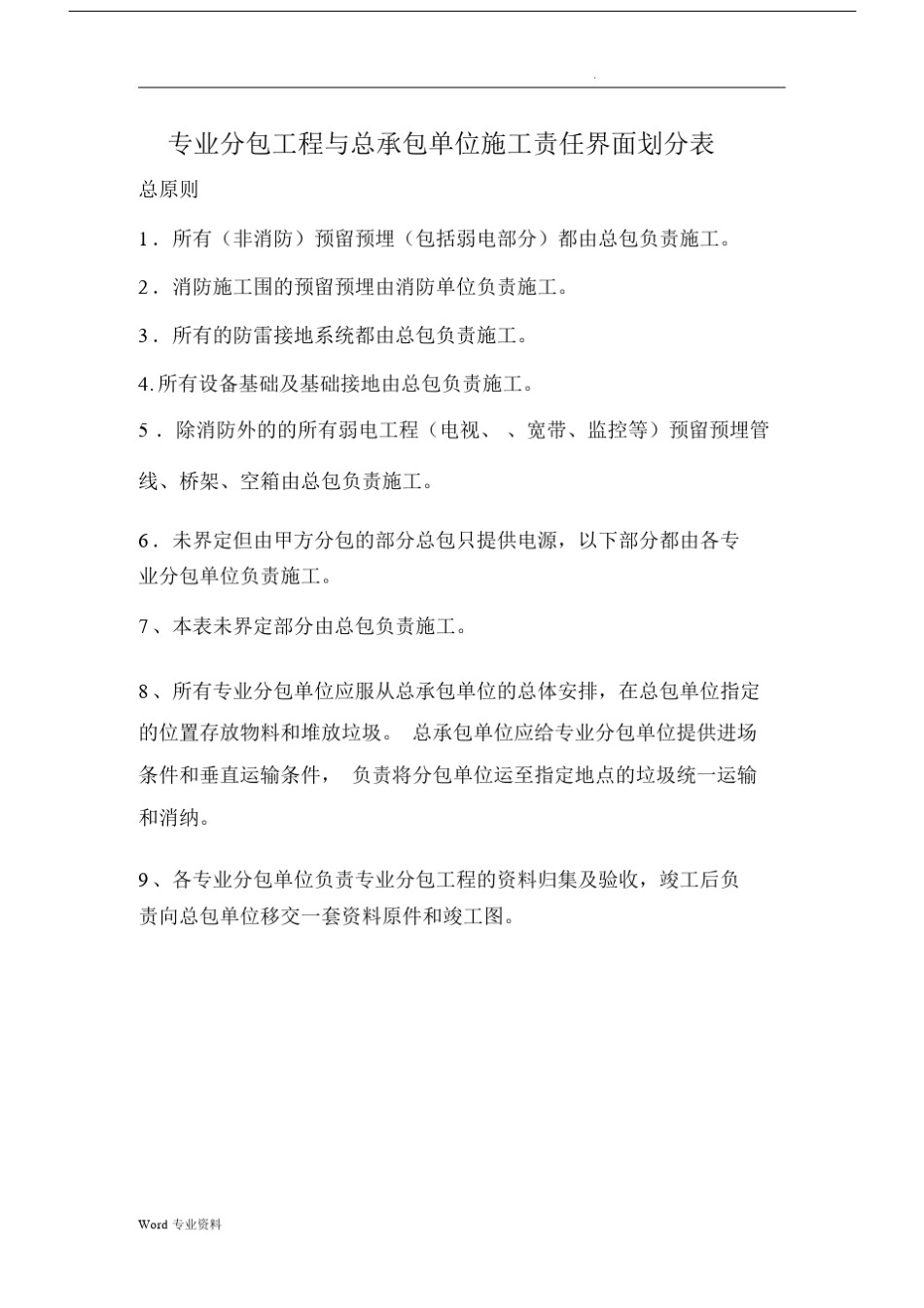 专业分包工程与总承包单位施工界面划分表.docx_第1页