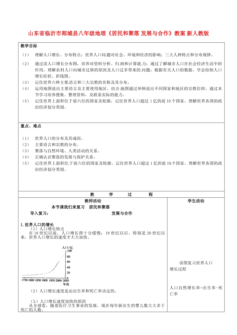 山东省临沂市郯城县八年级地理《居民和聚落 发展与合作》教案 新人教版_第1页