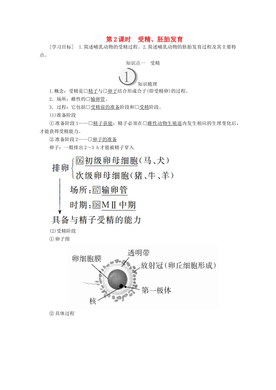 高中生物 专题3 胚胎工程 3.1 第2课时 受精、胚胎发育教案 新人教版选修3-新人教版高二选修3生物教案_第1页