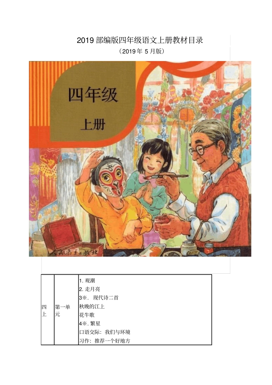 (2019年新部编版)统编版四年级语文上下教材课文目录_第1页