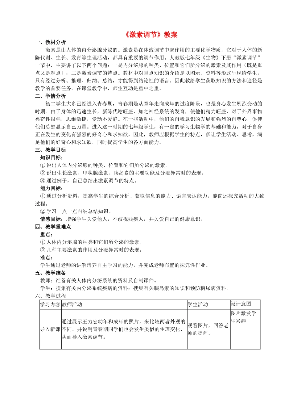 七年级生物下册 4.12.1 激素调节教案 苏教版-苏教版初中七年级下册生物教案_第1页