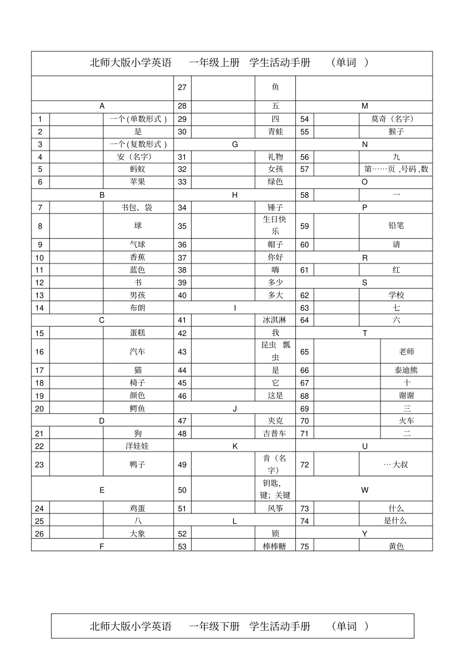 北师大版-小学一至六年级-全部英语单词填英文教学教材_第1页