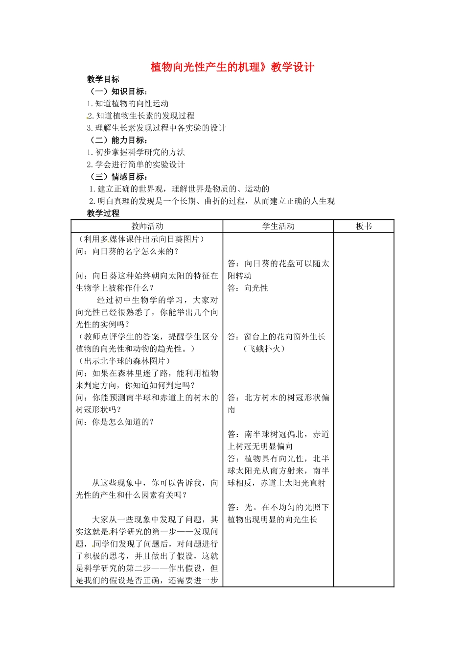 高中生物 植物向光性产生的机理教学设计 新人教版必修3-新人教版高二必修3生物教案_第1页
