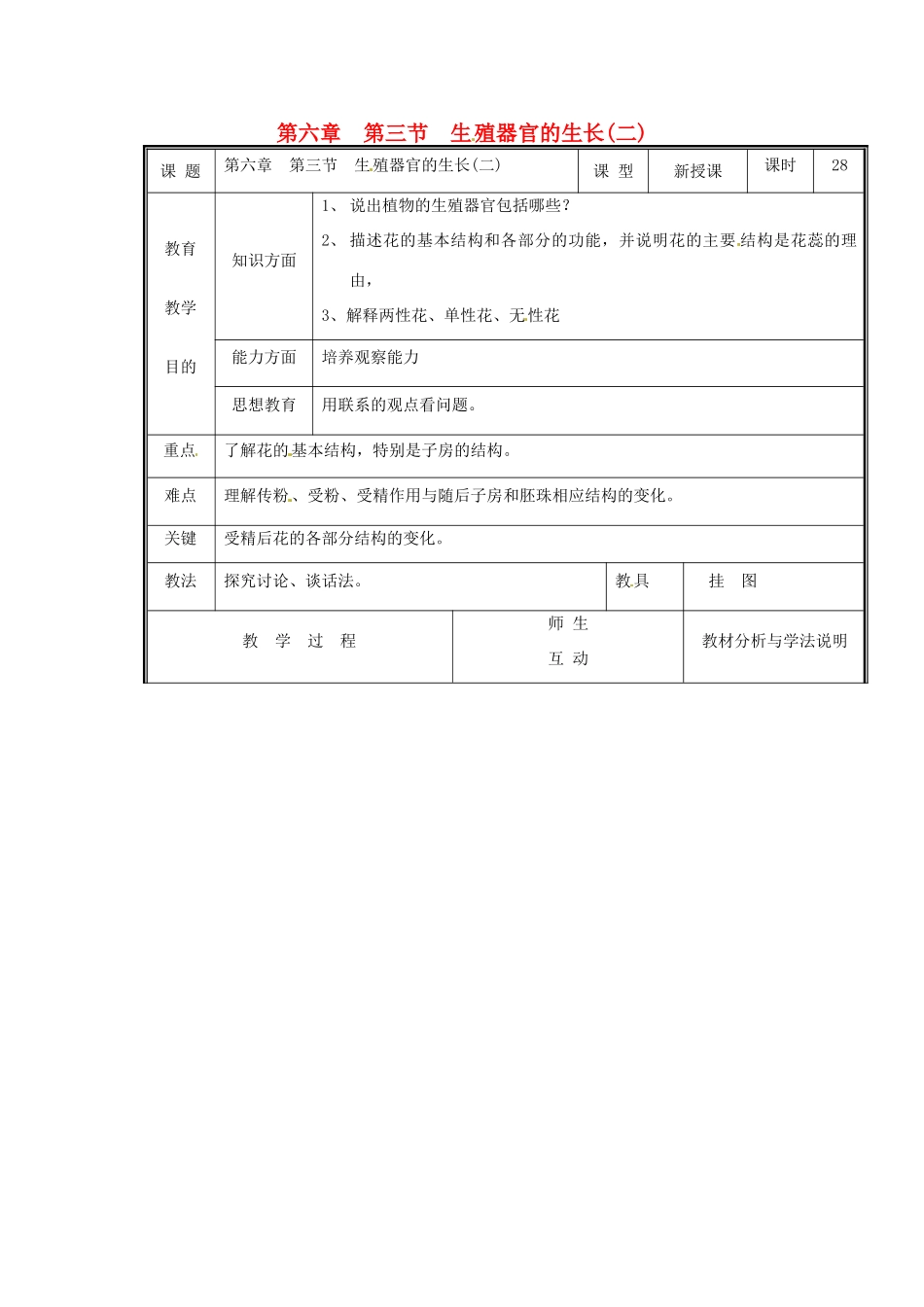 七年级生物上册 第三单元《生物圈中的绿色植物》第6章 绿色开花植物的生活史 6.3 生殖器官的生长（二）教案 （新版）北师大版_第1页