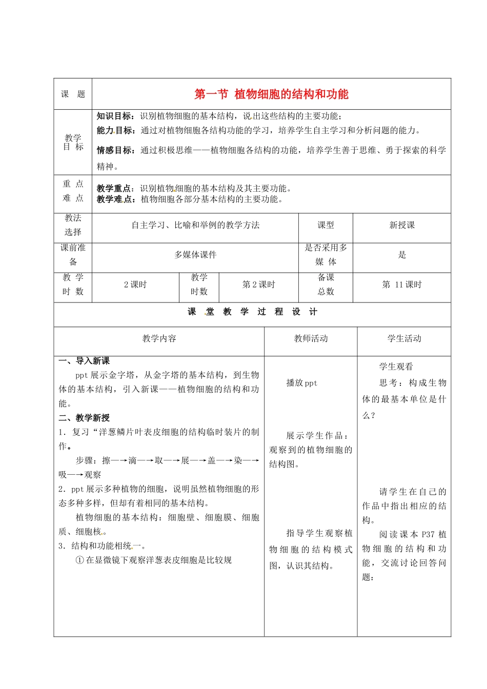 七年级生物上册 第3章 第1节 植物细胞的结构和功能教案2 苏教版-苏教版初中七年级上册生物教案_第1页