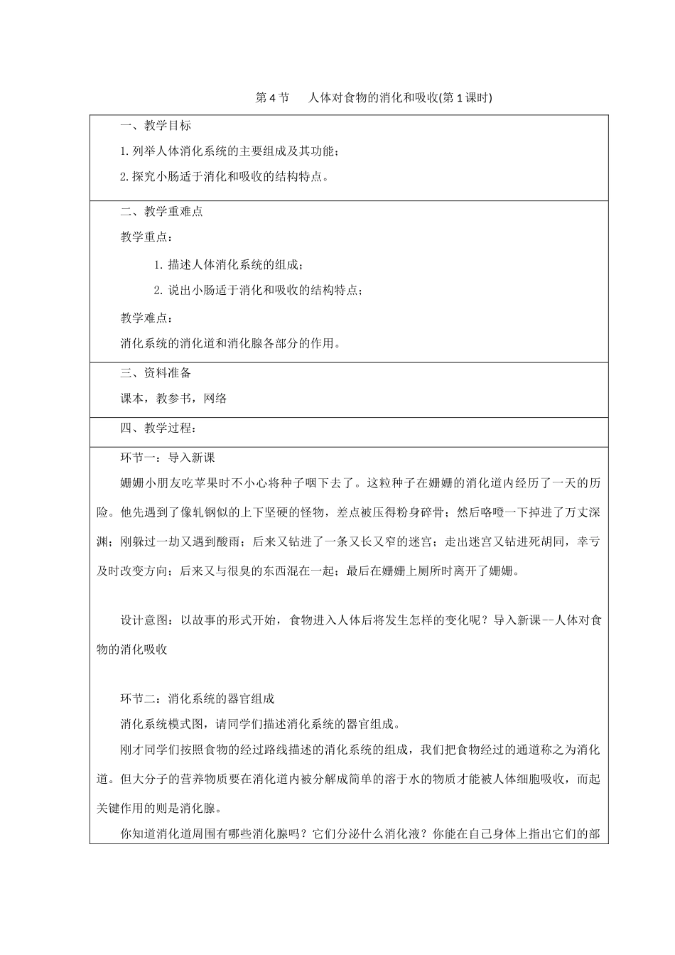 七年级生物上册 3.5.4《人体对食物的消化和吸收》（第1课时）教案 （新版）苏科版-（新版）苏科版初中七年级上册生物教案_第1页