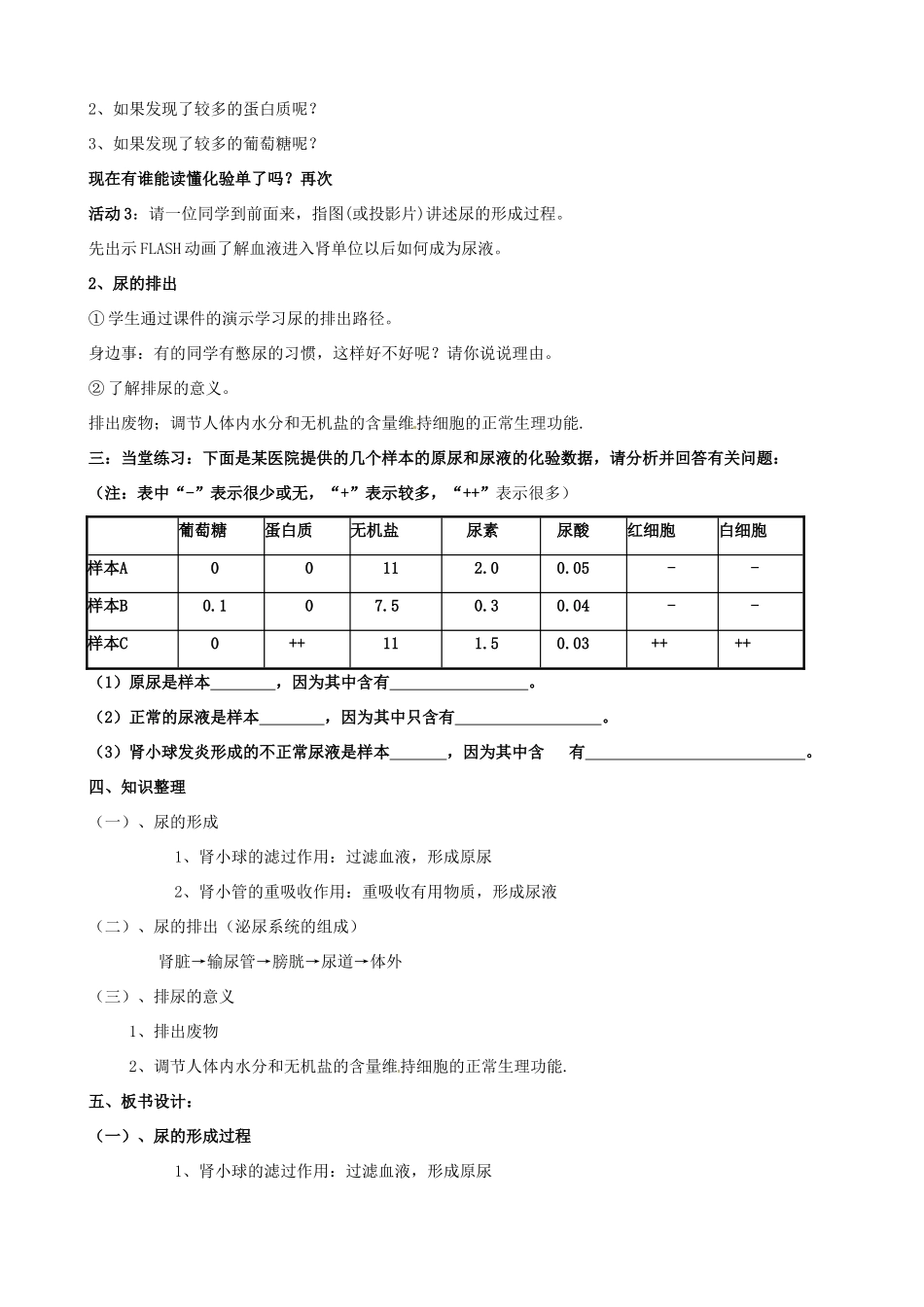 七年级生物下册 第三单元 第四章 第一节 尿液的形成和排出教学设计（1）（新版）济南版-（新版）济南版初中七年级下册生物教案_第3页
