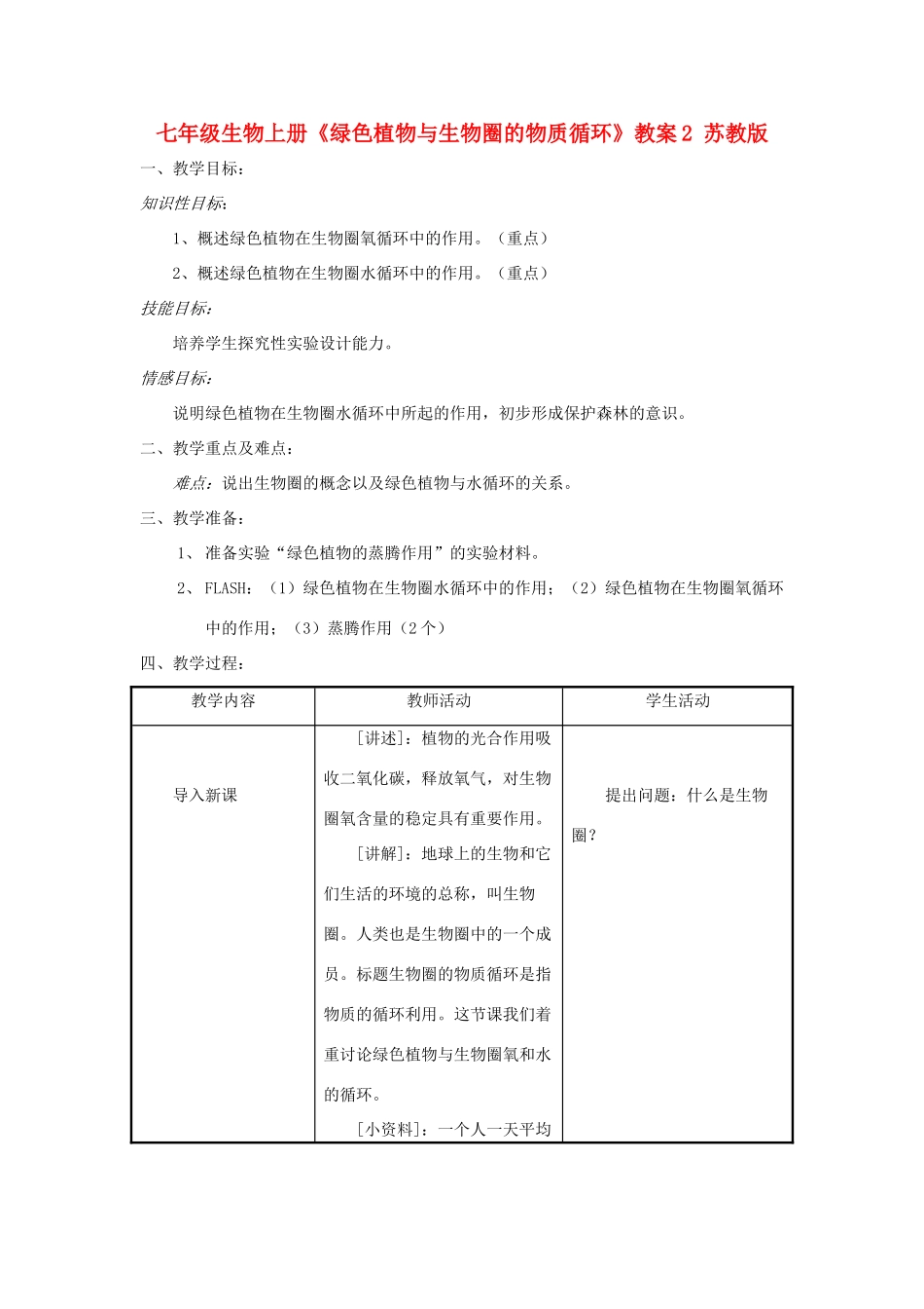 七年级生物上册《绿色植物与生物圈的物质循环》教案2 苏教版_第1页