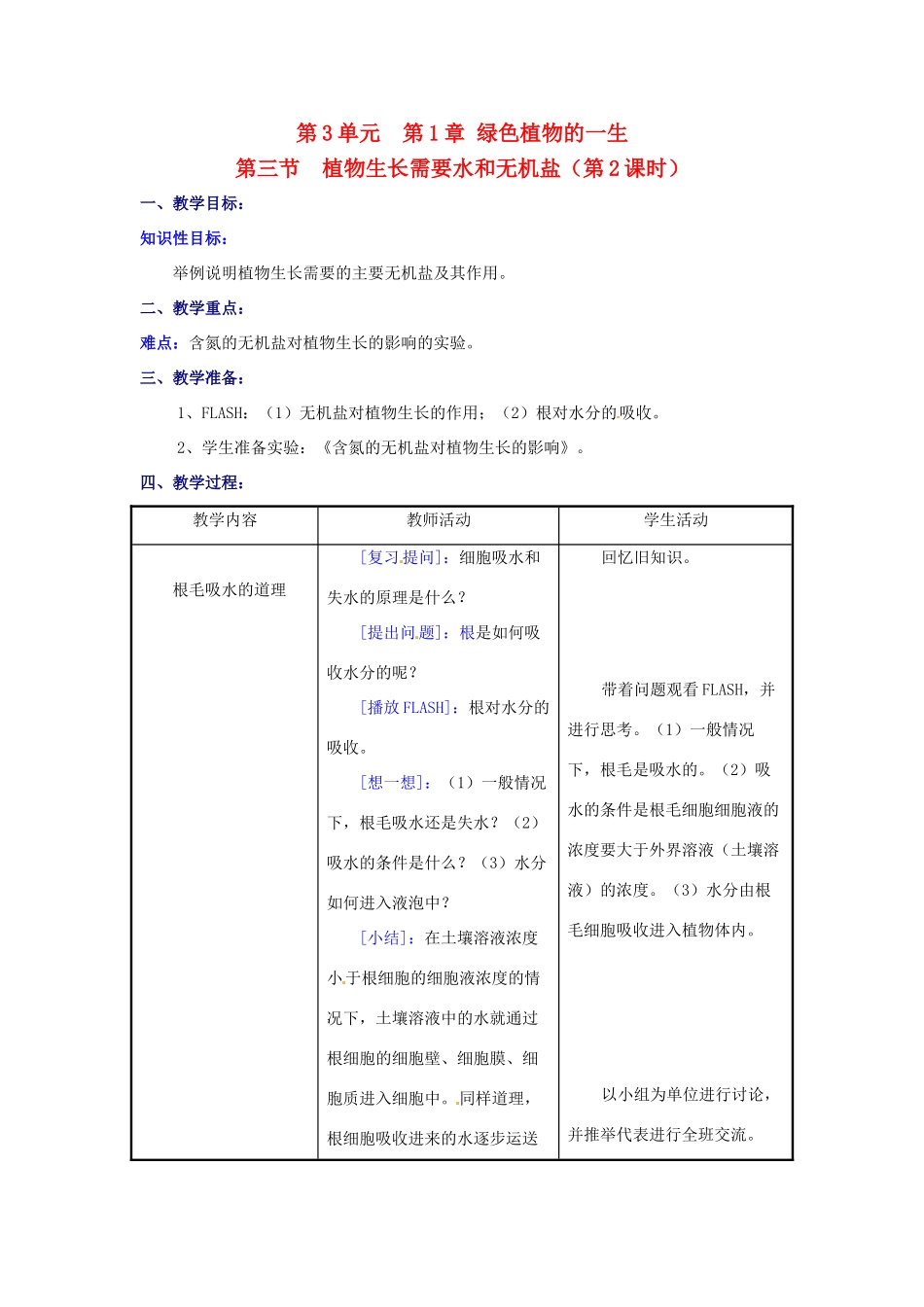 七年级生物上册 5.3 植物生长需要水和无机盐教案2 苏教版_第1页
