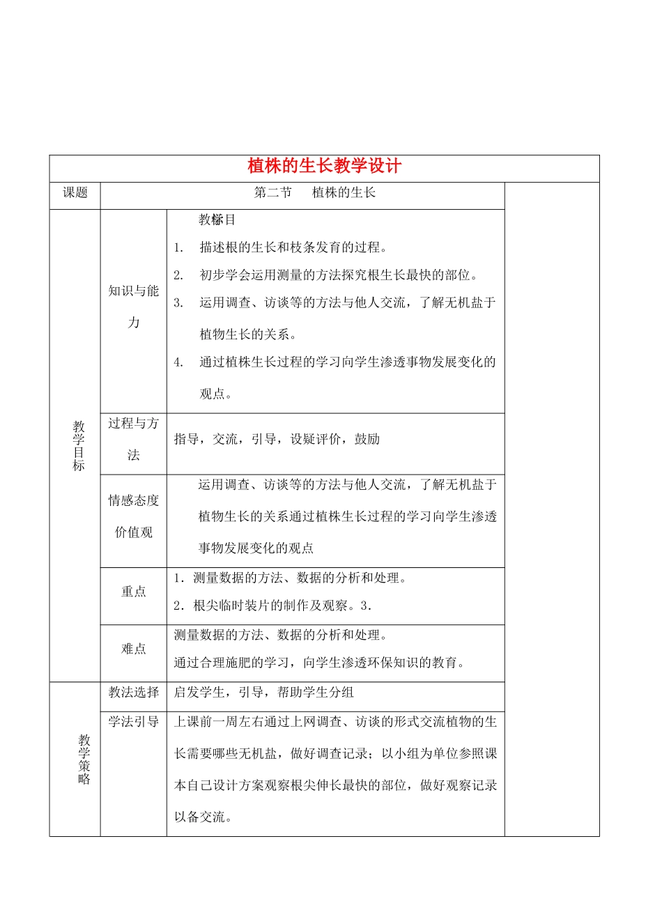 七年级生物上册 3.2.2植株的生长教学设计 人教版_第1页