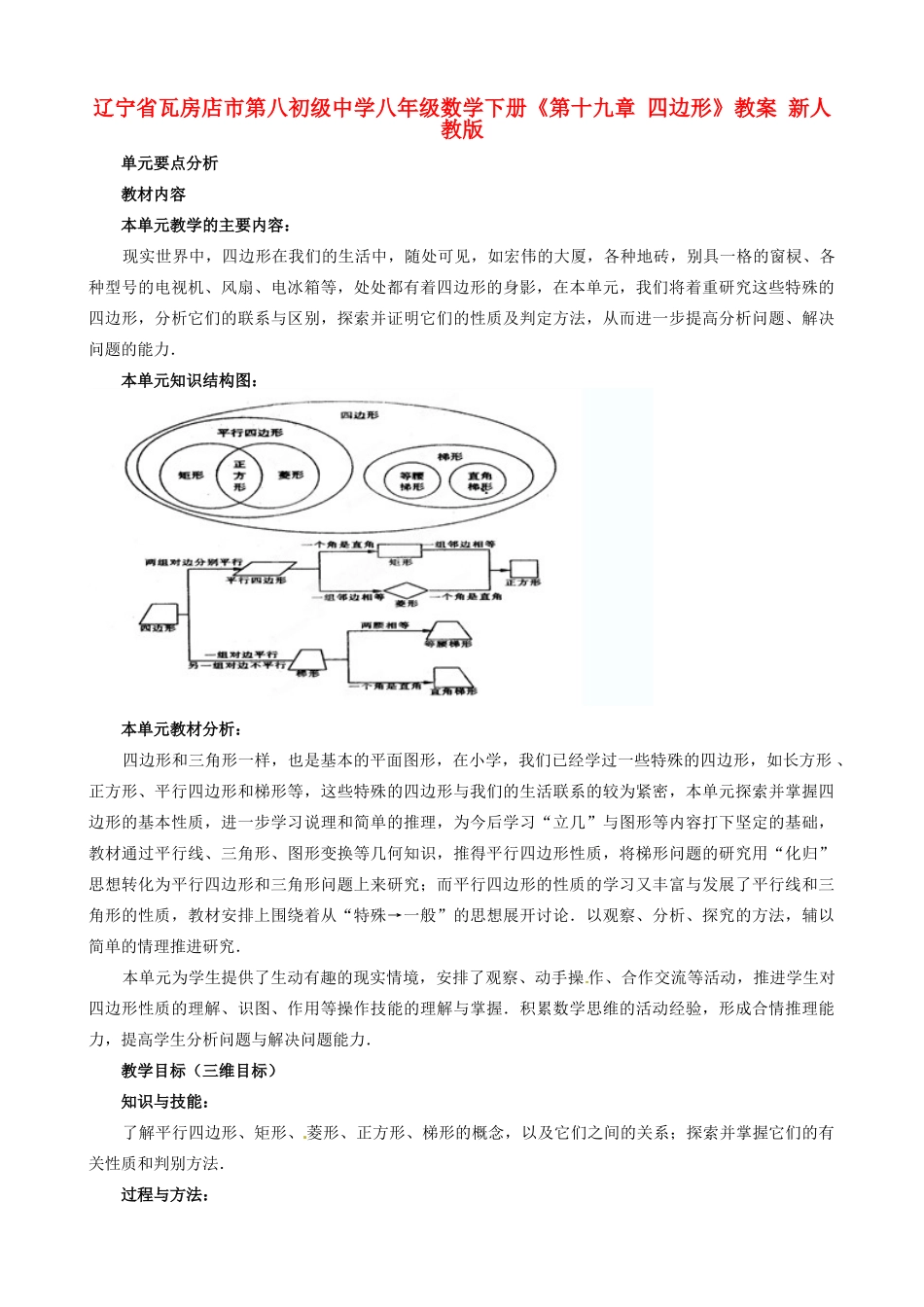 辽宁省瓦房店市第八初级中学八年级数学下册《第十九章 四边形》教案 新人教版_第1页