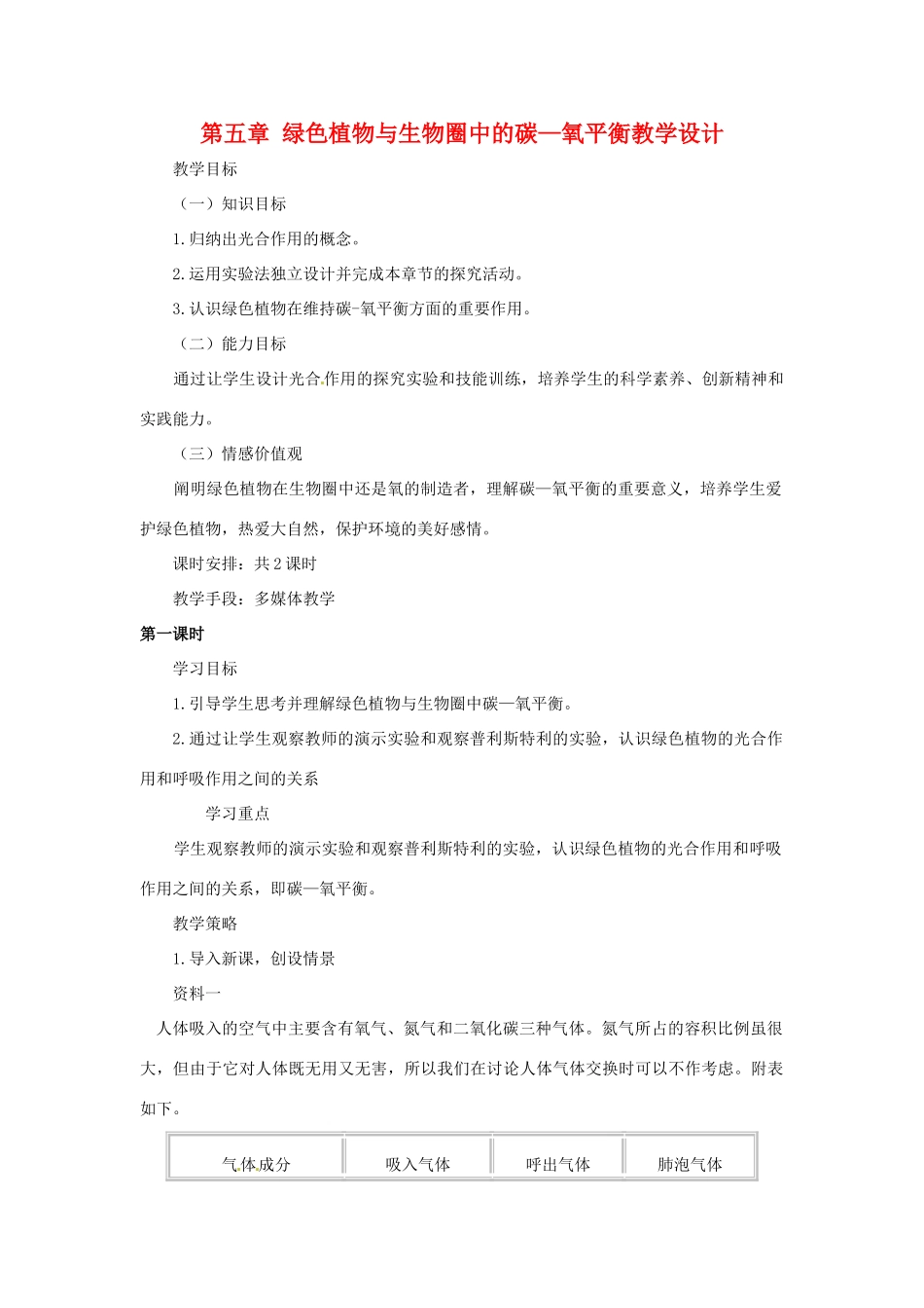 七年级生物上册第五章 绿色植物与生物圈中的碳—氧平衡教学设计人教版_第1页