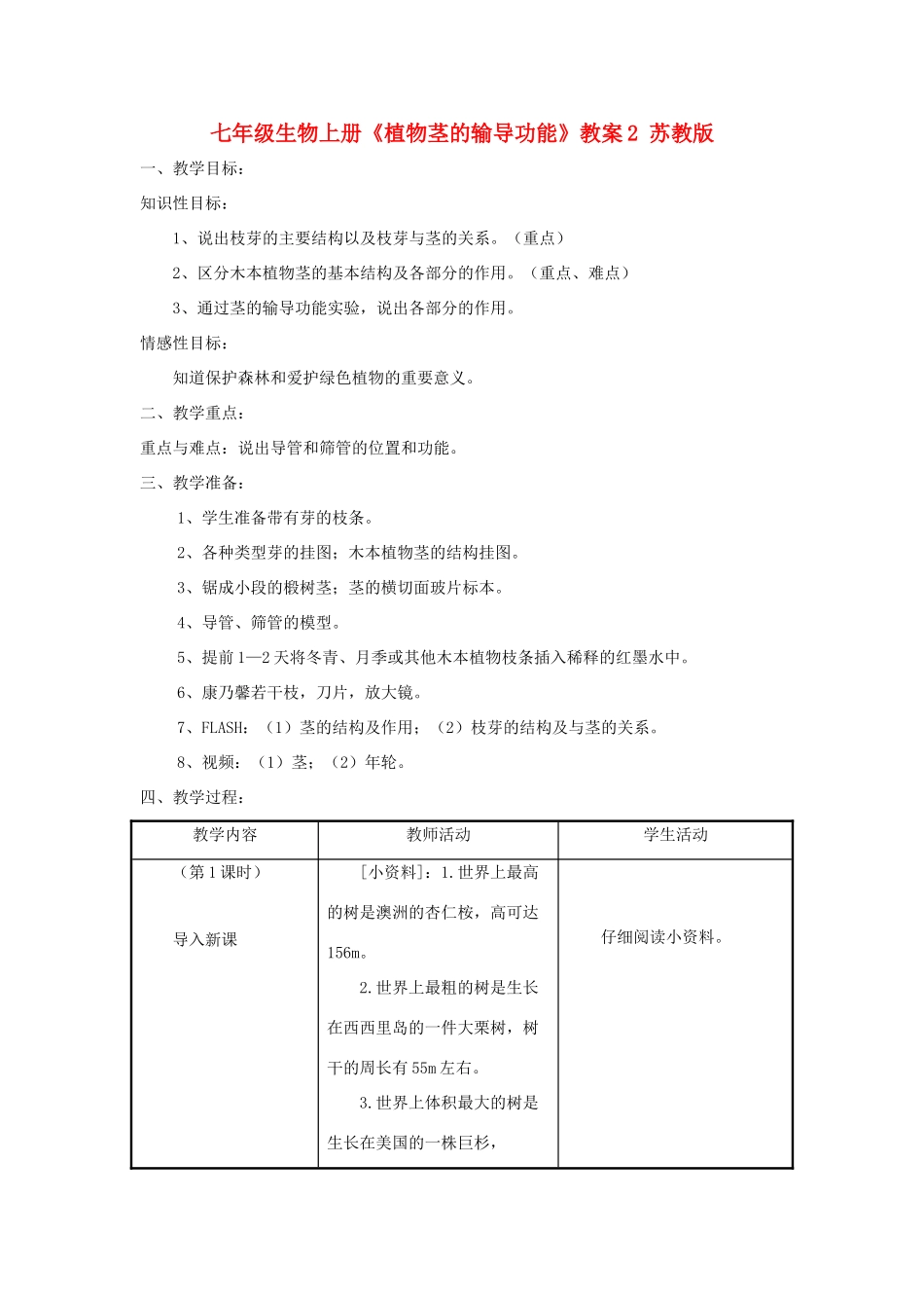 七年级生物上册《植物茎的输导功能》教案2 苏教版_第1页