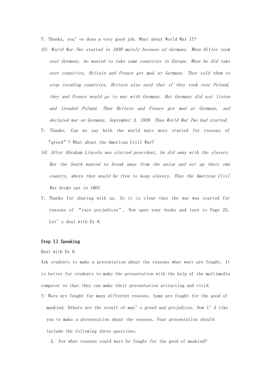 安徽省滁州市第二中学高中英语 Unit23 Conflict The Sixth Period  Lesson 3 War Memories (II)教案 北师大版选修8_第3页