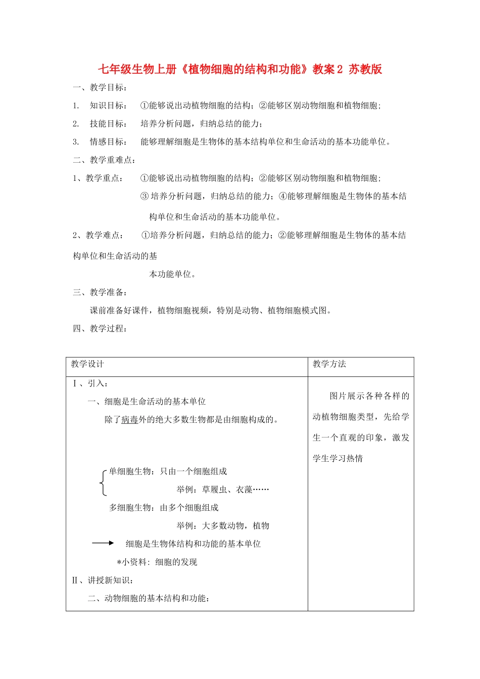 七年级生物上册《植物细胞的结构和功能》教案2 苏教版_第1页