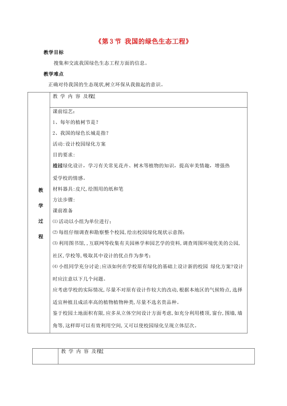 七年级生物上册 第7章 第3节 我国的绿色生态工程 教案2 北师大版_第1页