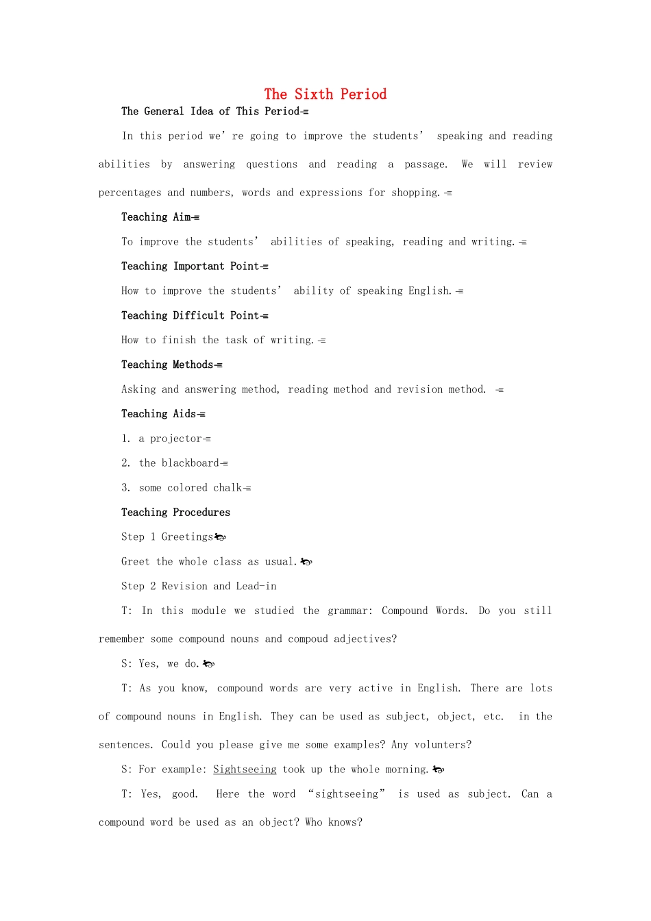 高中英语 Module 6 6th period教案 外研版必修1_第1页