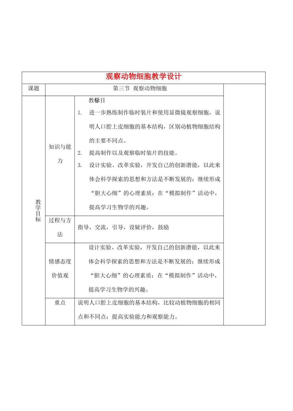 七年级生物下册 2.1.3观察动物细胞教学设计 人教版_第1页