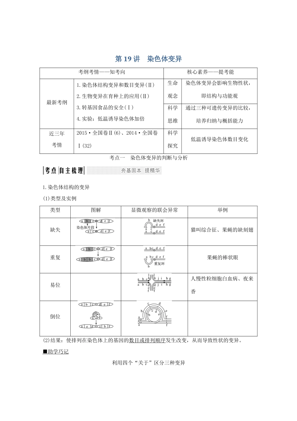 高考生物总复习 第19讲 染色体变异教案 中图版-中图版高三全册生物教案_第1页