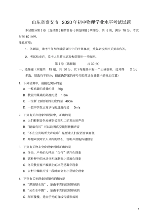 山东省泰安市2020年初中物理学业水平考试试题(含参考答案)