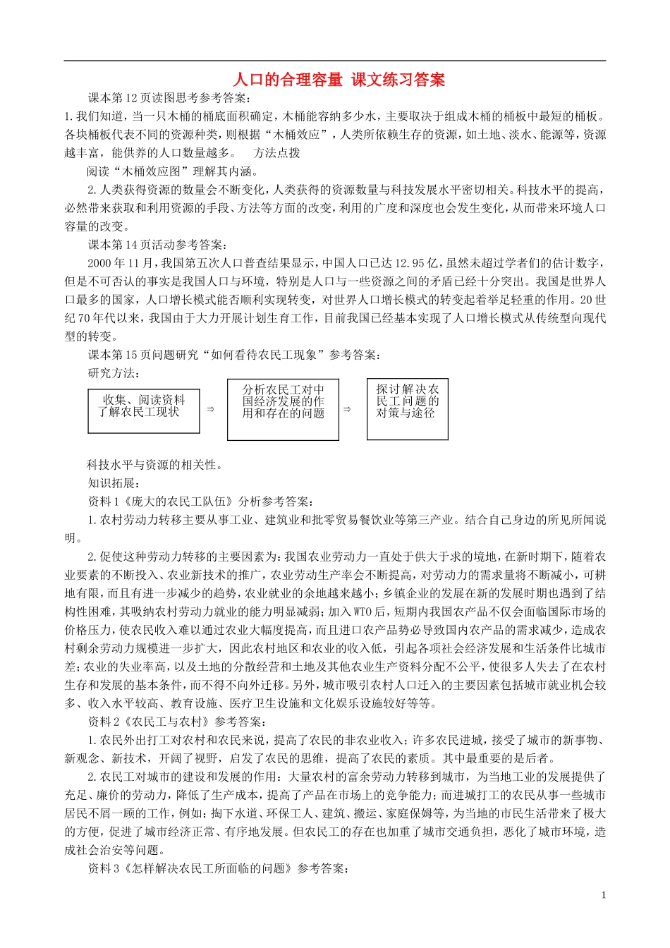 高中地理 1.3 人口的合理容量课文练习答案 新人教版必修2_第1页