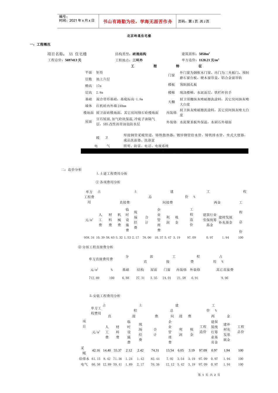 北京砖混住宅楼造价分析_第1页