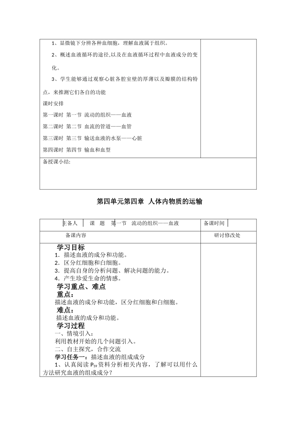 七年级生物下册：第4章 人体内物质的运输（复习教案）人教版_第2页