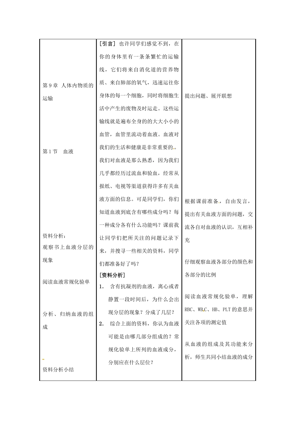 七年级生物下册 第9章 人体内物质的运输 第1节 血液教案 北师大版_第2页