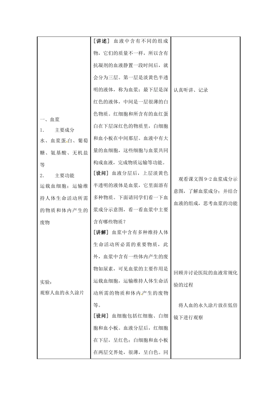 七年级生物下册 第9章 人体内物质的运输 第1节 血液教案 北师大版_第3页