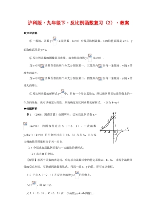 九年级数学下册反比例函数复习（2）教案沪科版