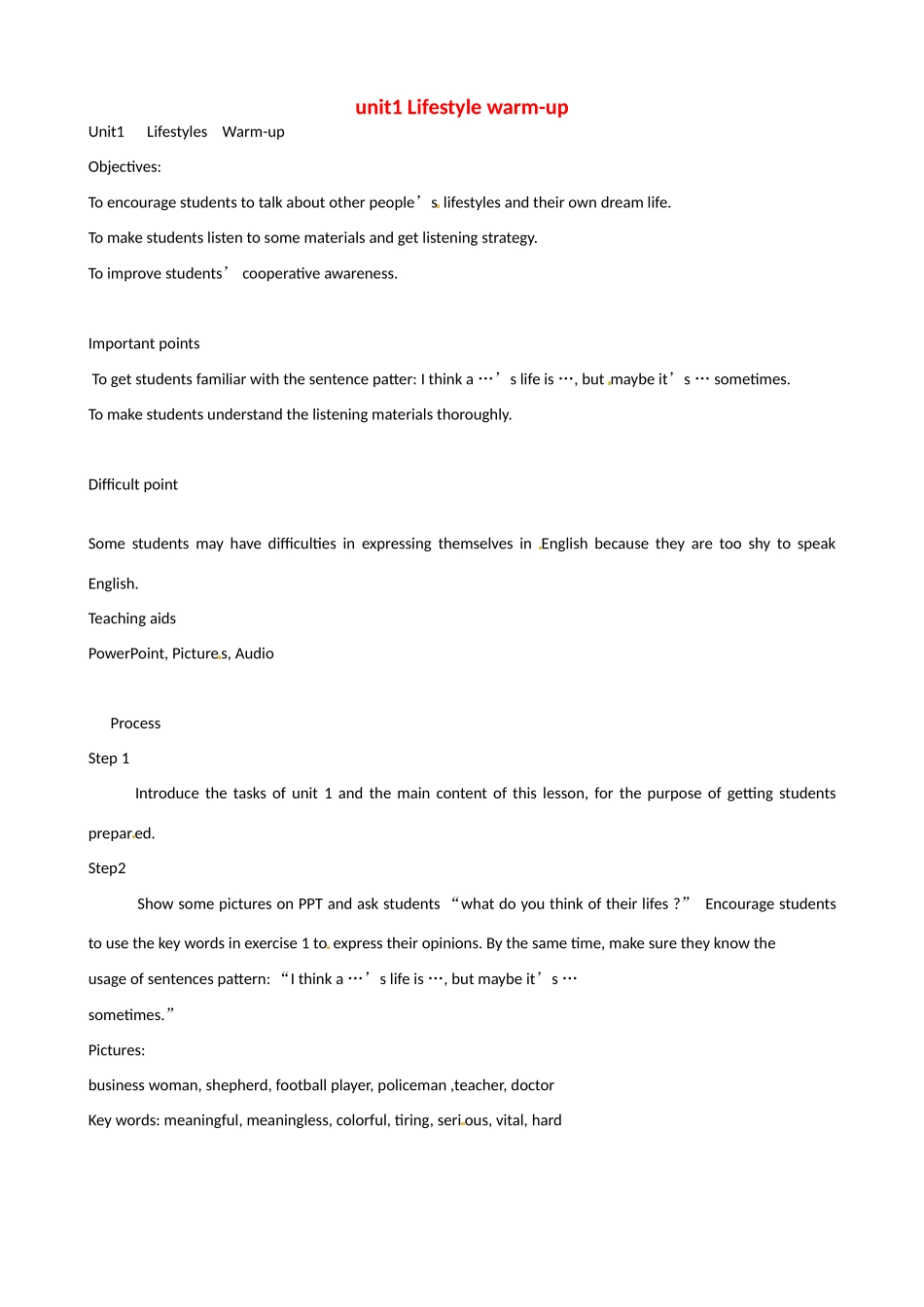 高中英语 Unit 1 Lifestyles （warm-up）教案 北师大版必修1-北师大版高一必修1英语教案_第1页