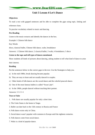 北师大版高中英语必修2Unit 5 Lesson 4 Let’s Dance 1