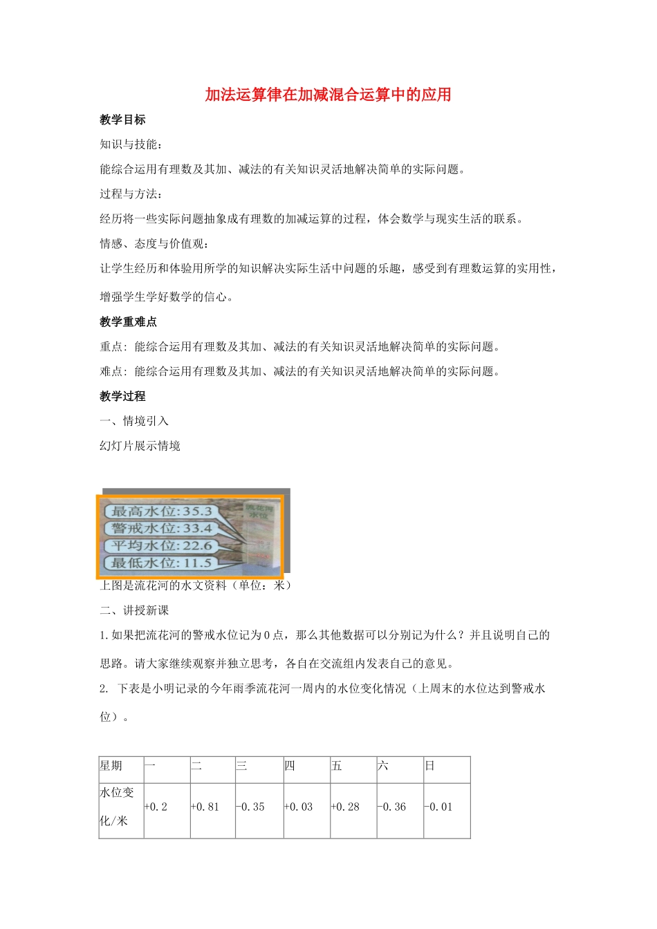 七年级数学上册 第二章 有理数 2.8 有理数的加减混合运算 2.8.2 加法运算律在加减混合运算中的应用教案1 （新版）华东师大版-（新版）华东师大版初中七年级上册数学教案_第1页