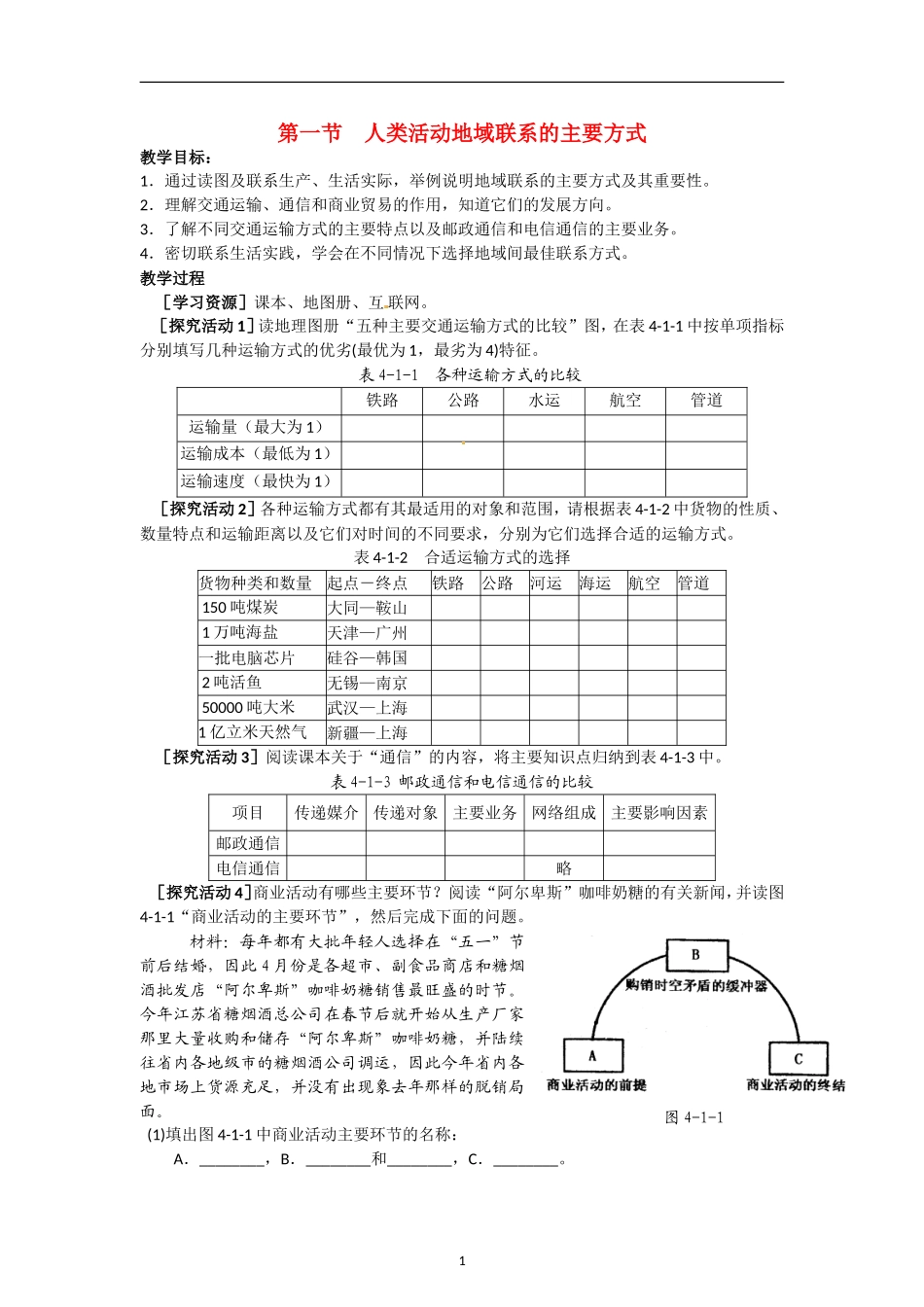 高中地理 第四单元 第一节 人类活动地域联系的主要方式教案 鲁教版必修2_第1页