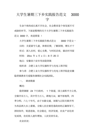 大学生暑期三下乡实践报告范文3000字