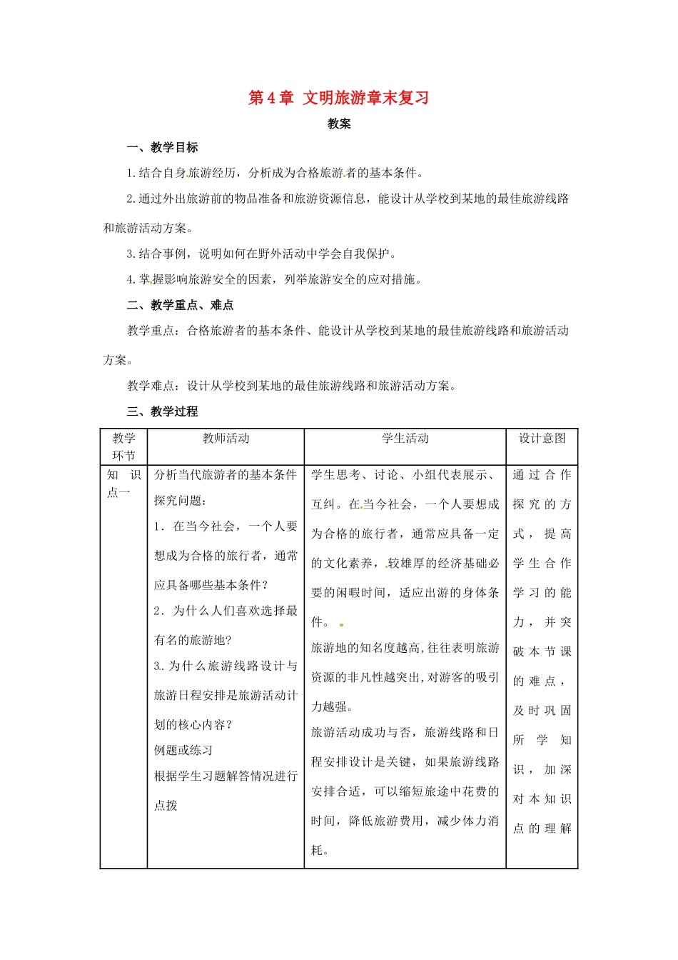 高中地理 第4章 文明旅游章末复习教案 湘教版选修3-湘教版高二选修3地理教案_第1页