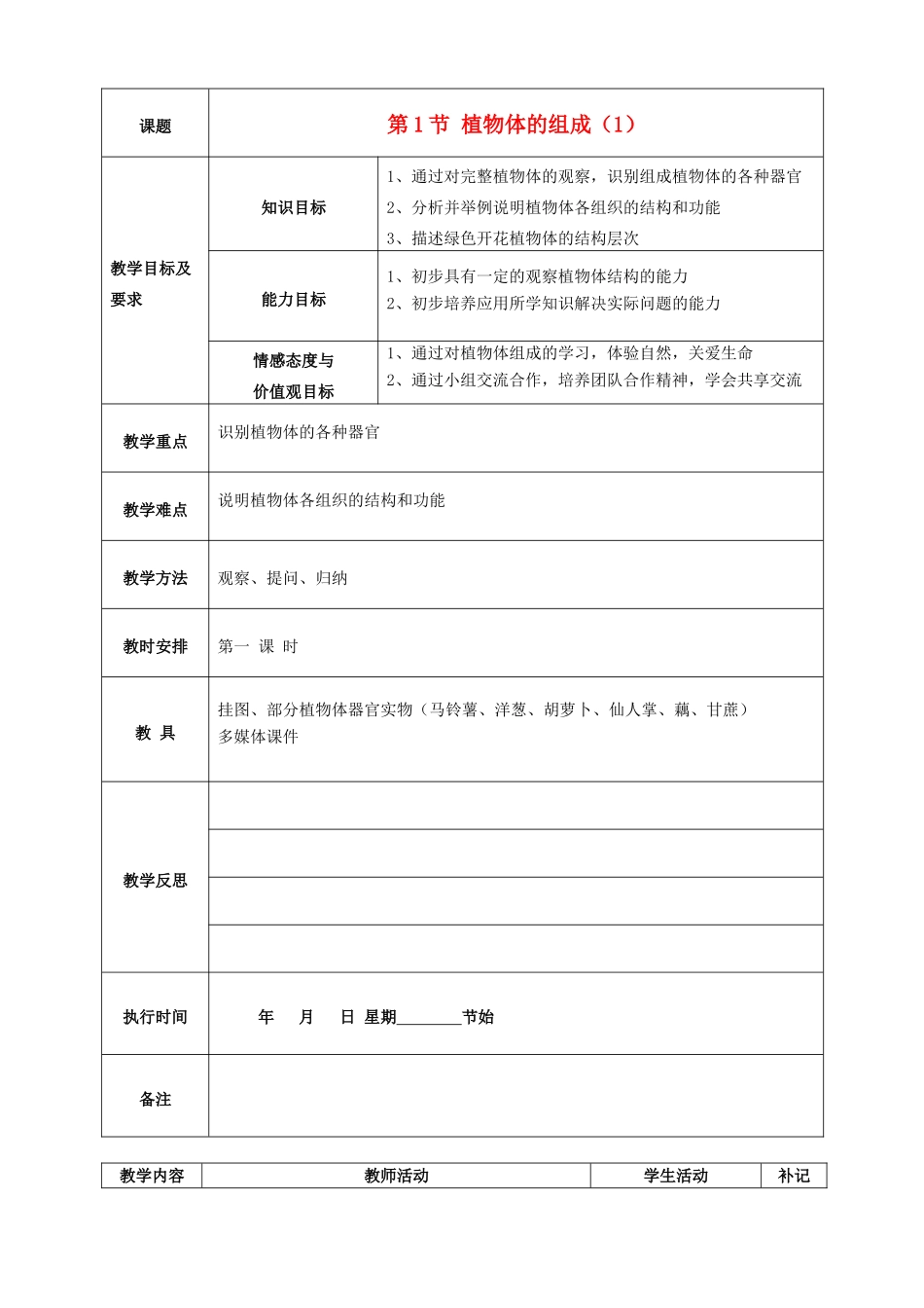 七年级生物下册 4.9.1 植物体的组成教案1 苏科版-苏科版初中七年级下册生物教案_第1页