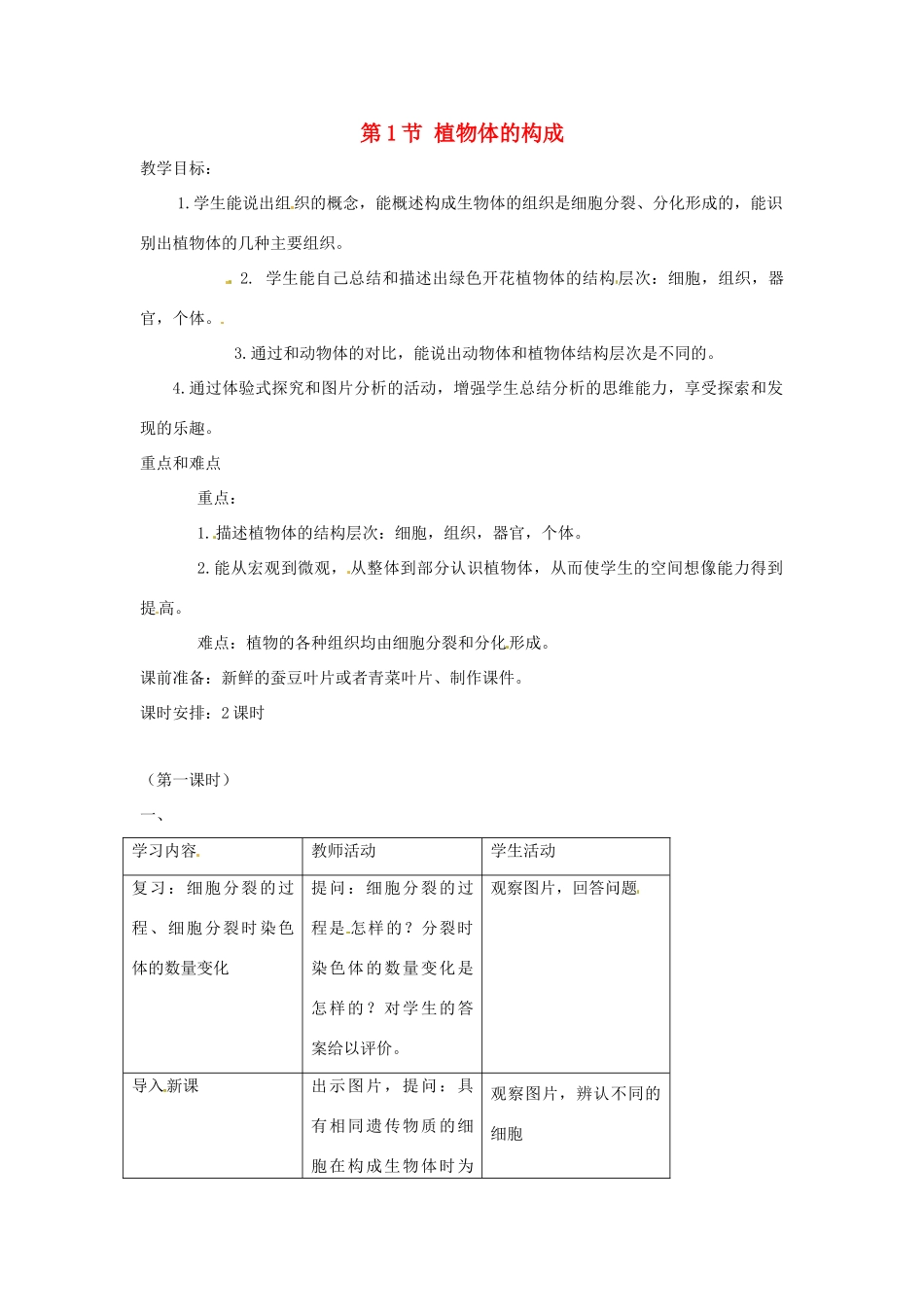七年级生物下册 8.1《植物体的组成》教案 苏科版_第1页