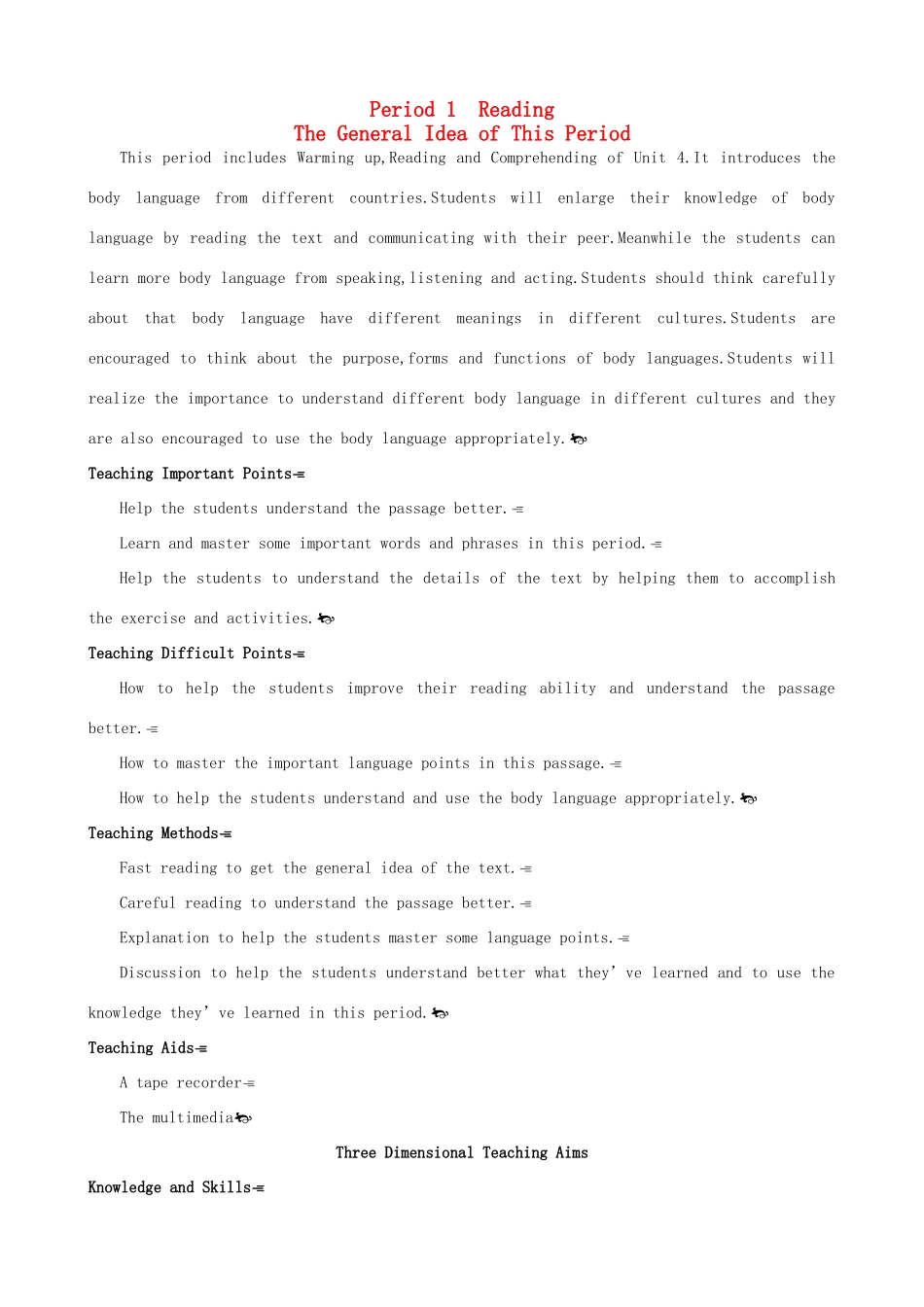 高中英语 Unit4 Body languange Period 1　Readingg优秀教案 新人教版必修4_第1页